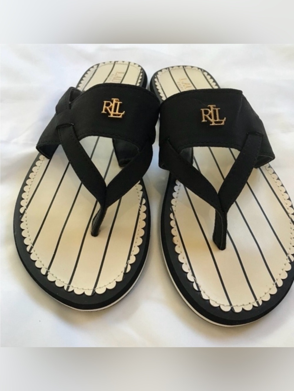 Ralph Lauren Black Thong Sandals with Gold RLL Emblem